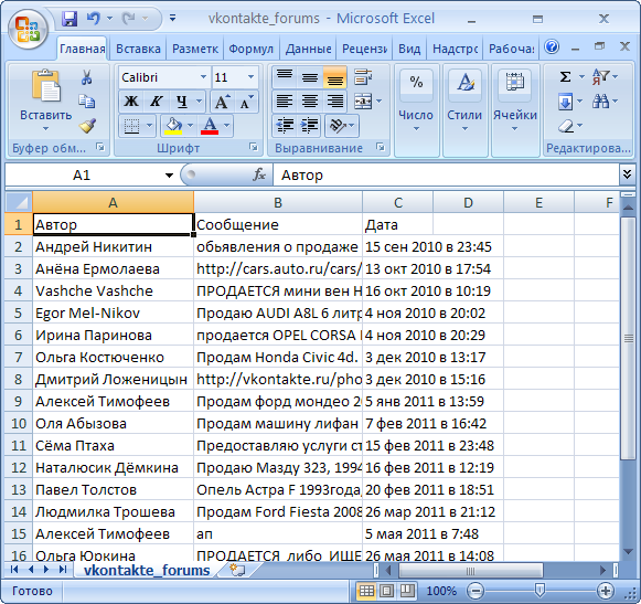 Парсер Vkontakte: пример CSV с результатами